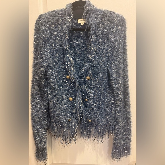 L’AGENCE Azure Fringe Cardigan Blazer in Blue Multi Medium - Picture 7 of 14
